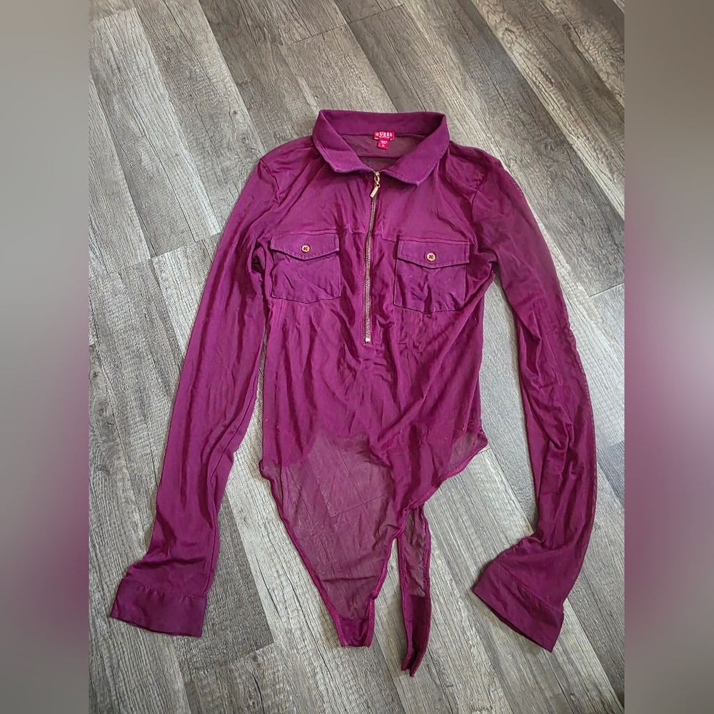 GUESS Y2K Mesh Plum Purple Bodysuit Collared Illusion Top 2000s Barbiecore